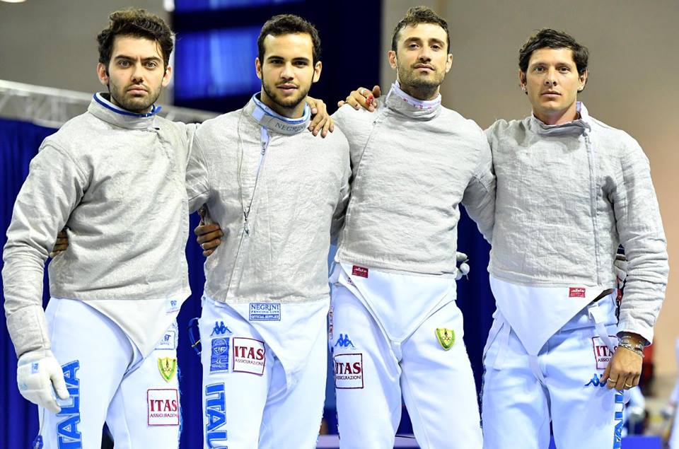 Enrico Berrè, Luca Curatoli, Aldo Montano e Luigi Samele in posa, all'ultimo giorno degli Europei di Tbilisi 2017 